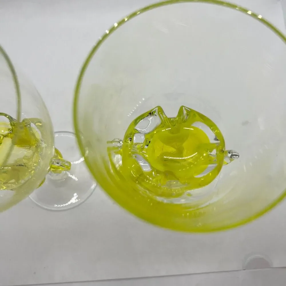2 Vintage Jozefina Krosno Art Glass Twisted wine yellow Stem Water Goblet art